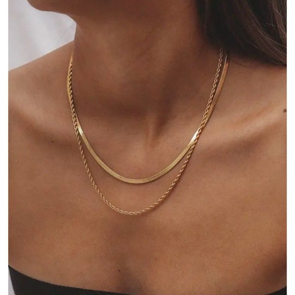 Layering Necklace Gold Stackable Herringbone Rope Chain Waterproof Herringbone - Picture 7 of 13